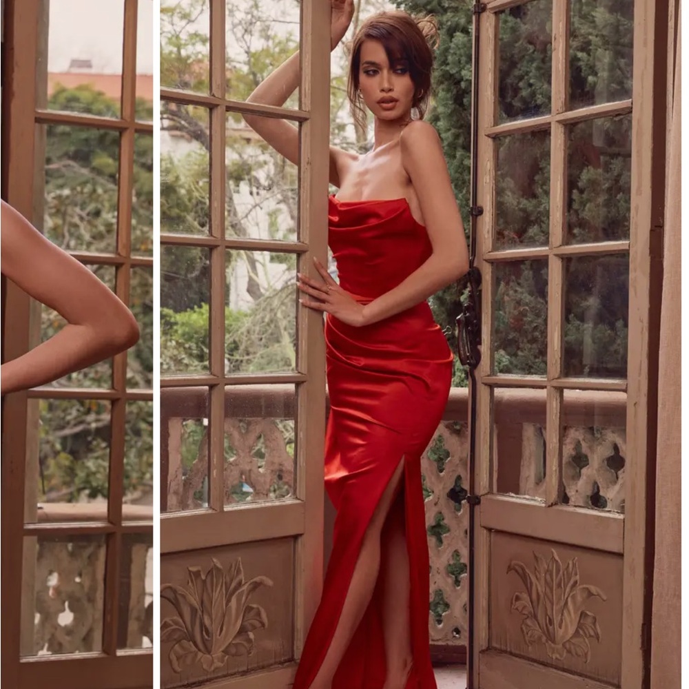 House of cb Adrienne size s Red Satin Strapless Evening Gown with Side Slit